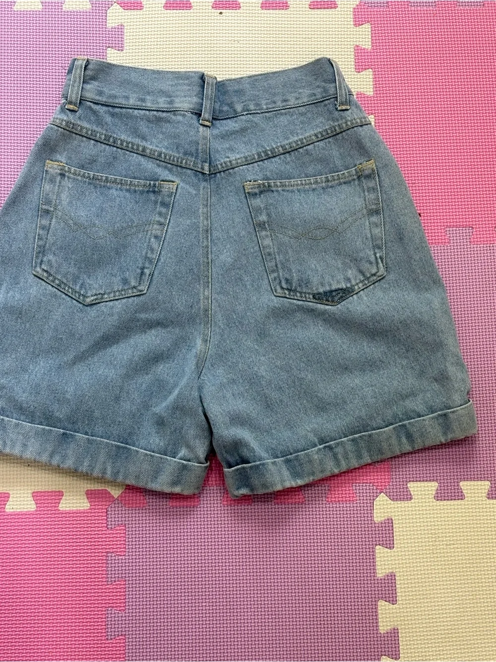 High-Rise Light Blue Denim Jean Shorts with Cuffed Hem